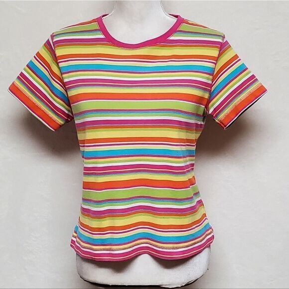 VINTAGE 90s Y2K Sag Harbor Rainbow Striped Short Sleeve Cropped Tee T-shirt S - Picture 4 of 12